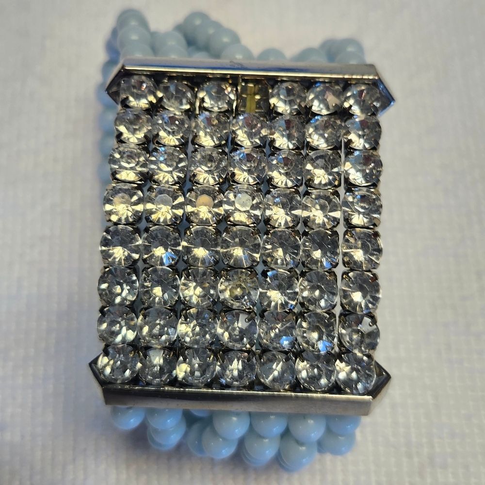 Sparkling Rhinestone and Light Blue Beaded Bracelet
